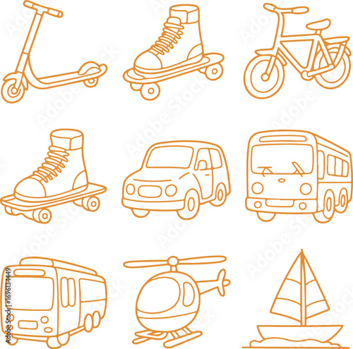 Collection of Simple Orange Transportation Icons Scooter, Skateboard, Bicycle, Car, Bus, Helicopter, and Sailboat