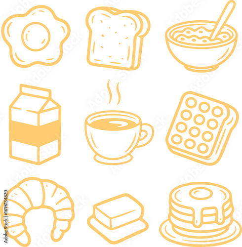 Set of Delicious Hand-Drawn Breakfast Food Icons - Fresh Morning Meal Illustrations