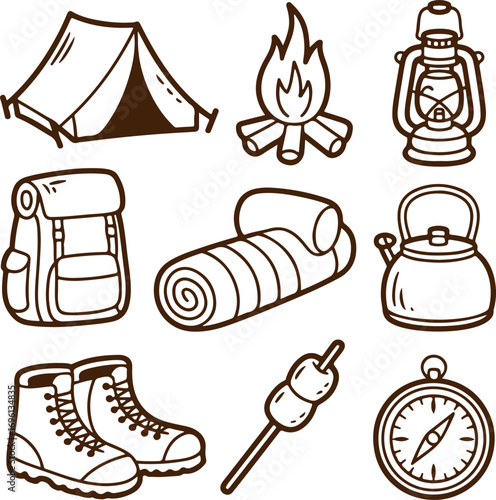 Hand-drawn collection of camping and hiking equipment icons for outdoor adventure