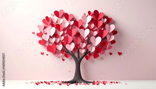 Heart-shaped paper tree on a pastel pink background