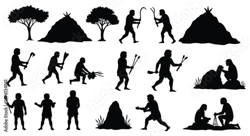 prehistoric life scenes showing human evolution and activities