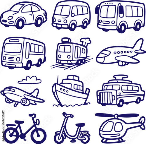 A charming collection of hand-drawn transportation and vehicle icons in a fun doodle style