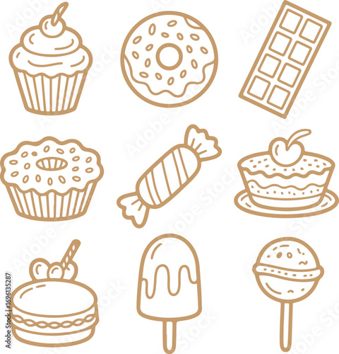 Sweet desserts and candy icon collection, a delightful vector graphic line art set 41