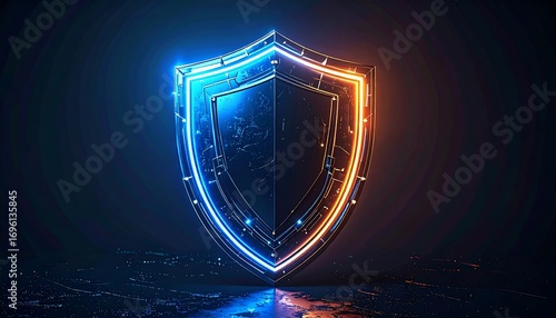 A glowing, futuristic shield rendered in vibrant blue and orange hues against a dark, textured background. The shield has intricate, glowing lines suggesting data pathways