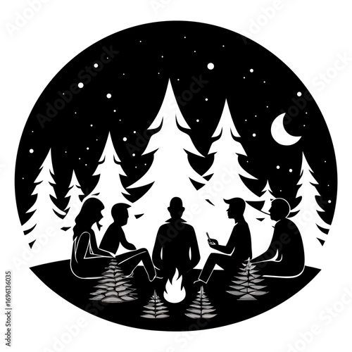 Friends Around Campfire Silhouette Vector