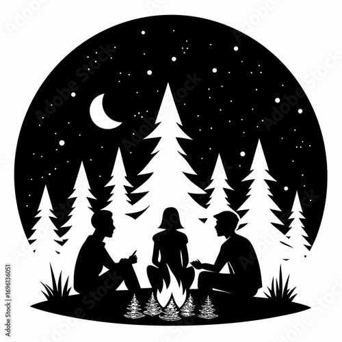 Friends Around Campfire Silhouette Vector