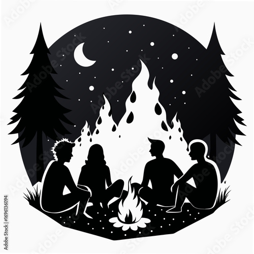 Friends Around Campfire Silhouette Vector
