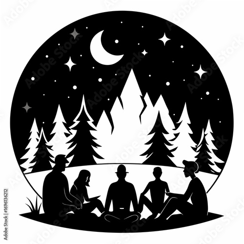 Friends Around Campfire Silhouette Vector