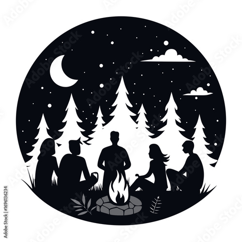 Friends Around Campfire Silhouette Vector