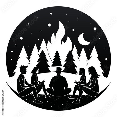Friends Around Campfire Silhouette Vector