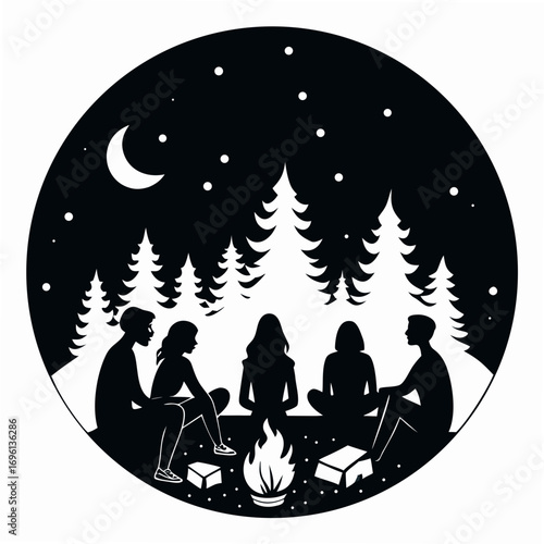 Friends Around Campfire Silhouette Vector