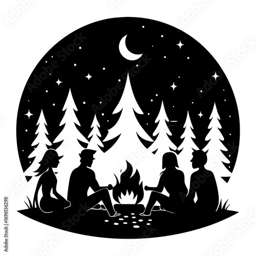 Friends Around Campfire Silhouette Vector
