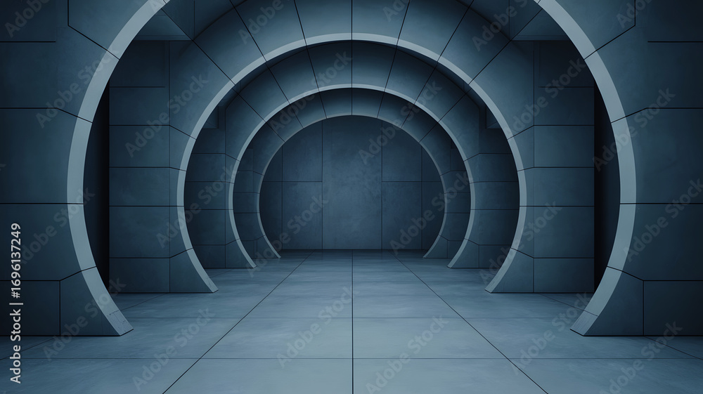Fototapeta premium Futuristic tunnel interior with geometric arched design in blue gray tones