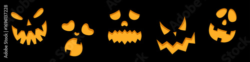 Vector set of creepy pumpkin faces in flat style. Glowing spooky and scary creature faces isolated on black background. Element for party, poster, festive Halloween design.