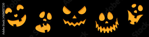 Vector set of creepy pumpkin faces in flat style. Glowing spooky and scary creature faces isolated on black background. Element for party, poster, festive Halloween design.