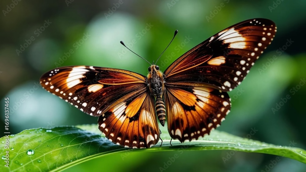 Fototapeta premium Brown and White Butterfly Wings on Green Leaf