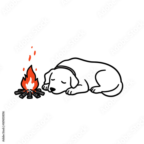 Dog sleeping peacefully next to campfire in wilderness setting  