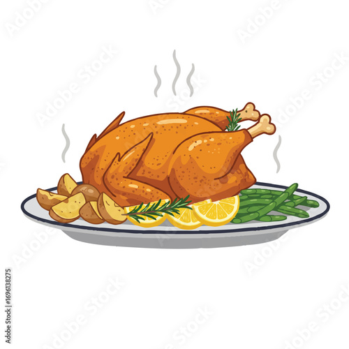 Vibrant 2D flat vector of a golden-brown roasted chicken, elegantly presented on a platter with rosemary and lemon, surrounded by steaming roasted potatoes and green beans.