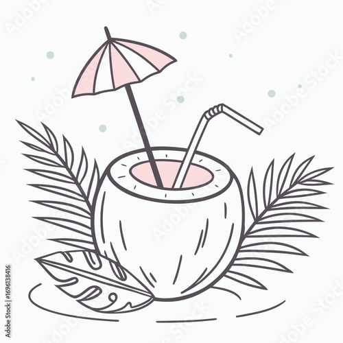 Vector art of coconut cocktail with umbrella and straw, summer vacation concept