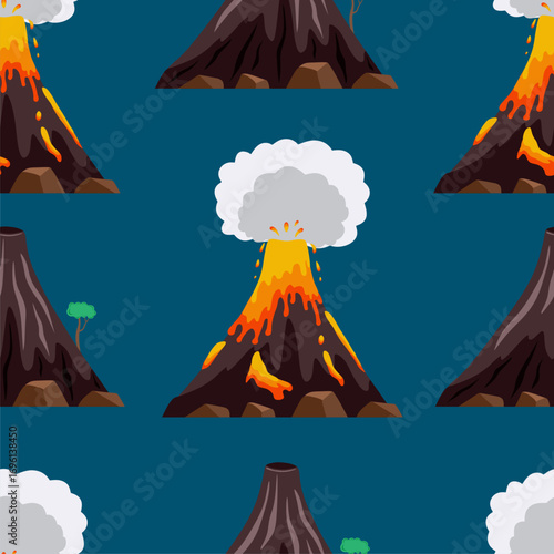 Foto Seamless vector pattern featuring hand-drawn illustrations of volcanoes in vario