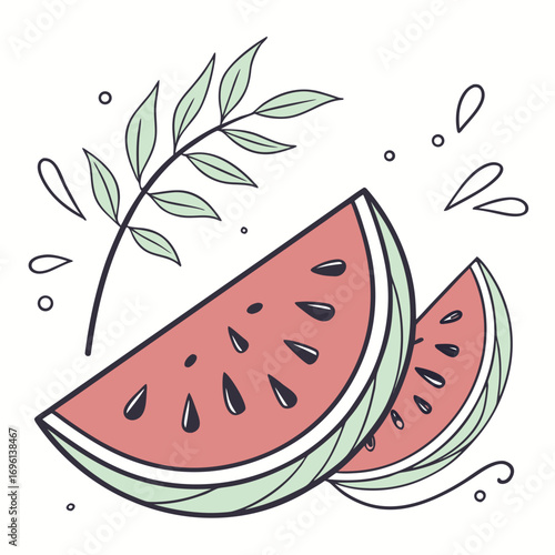 Vector art of fresh watermelon slice with leaf vector illustration of summer fruit with seeds