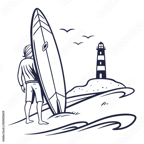 Vector art of a man standing on a sandy beach next to a surfboard and lighthouse