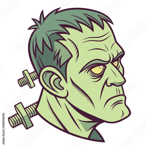 Illustration of frankensteins monster with green skin and bolts in his neck