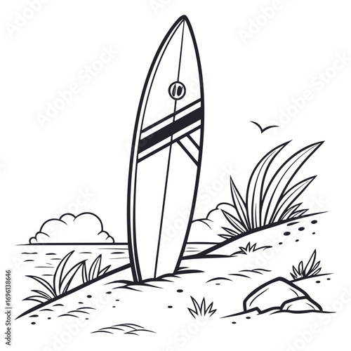 Vector art of a surfboard standing on a sandy beach with grass line art style