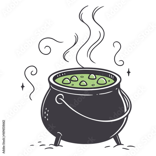 Vector art of a witchs cauldron with a bubbling green potion, with steam rising up