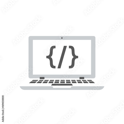 A laptop displaying code symbols on its screen, rendered in a flat, minimalist style.