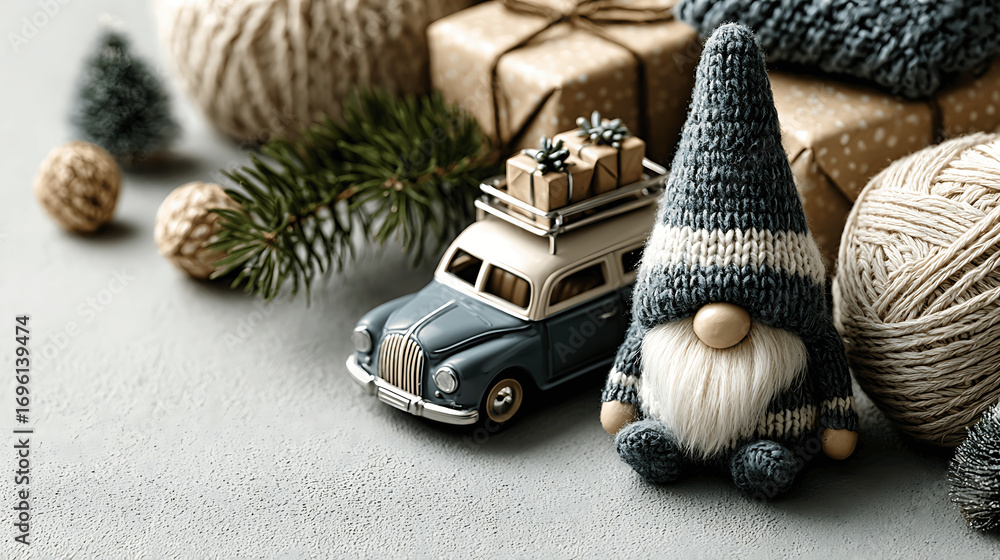 Fototapeta premium Christmas gnome with a toy car and presents