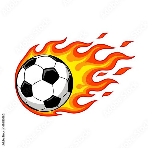 Dynamic soccer ball in blazing flames, symbolizing intense passion and explosive energy for competitive sports