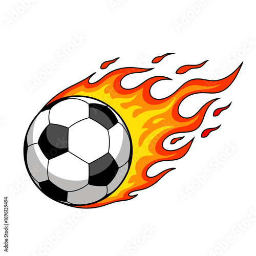 Dynamic soccer ball illustration, engulfed in vibrant flames, symbolizing speed and intense athletic competition