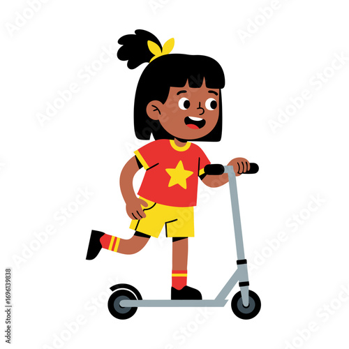 Happy Girl Riding Scooter Fun Outdoor Activity Illustration