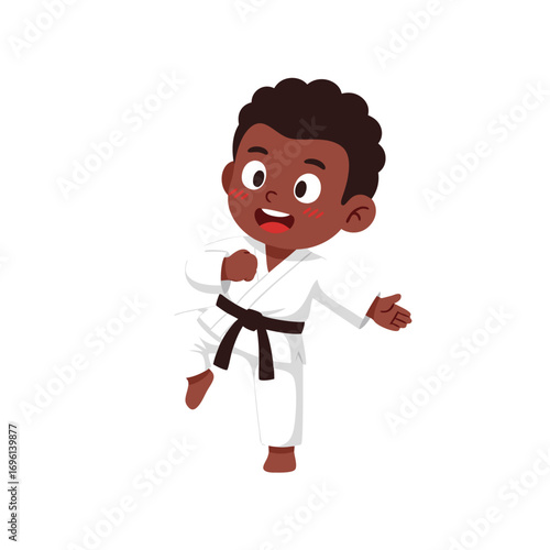 Cheerful cartoon boy with a black belt practicing his karate moves in a white uniform