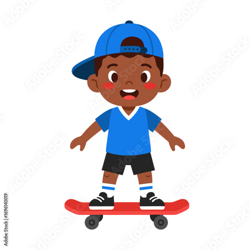 Cute cartoon boy on a skateboard, enjoying an outdoor activity and a healthy lifestyle