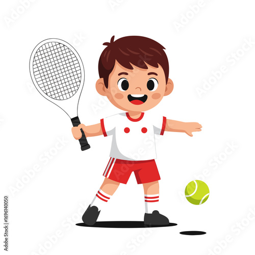 Cheerful Boy Ready to Serve Cute Kid Playing Tennis with Racket and Ball Vector