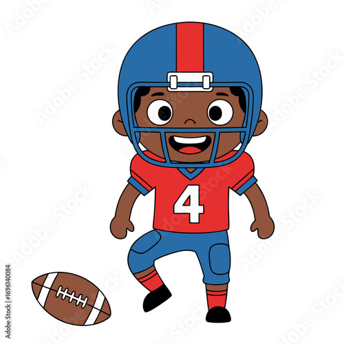 Cute cartoon illustration of a young African American boy playing gridiron football with a smile