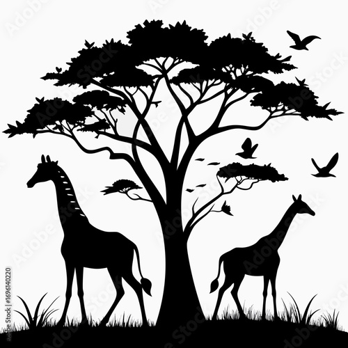Giraffes in Savanna Silhouette Vector