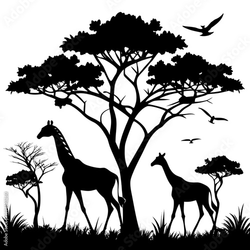 Giraffes in Savanna Silhouette Vector