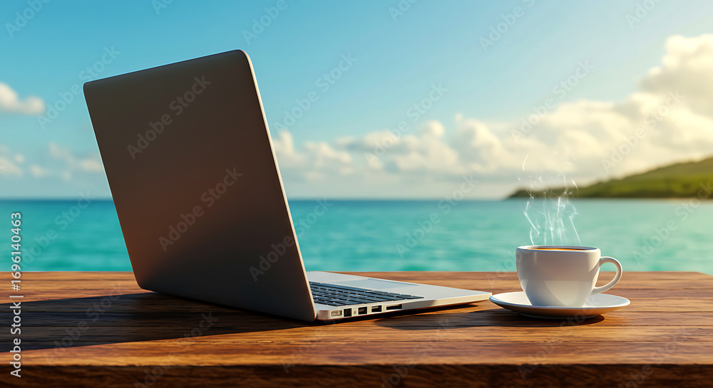 Fototapeta premium Laptop and steaming coffee cup on wooden table with ocean and island background hot drink 1