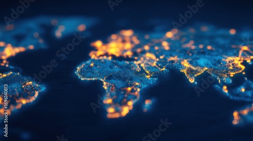 Supply chain for renewable energy, A glowing representation of a world map showcasing illuminated regions, highlighting urban areas against a dark background.