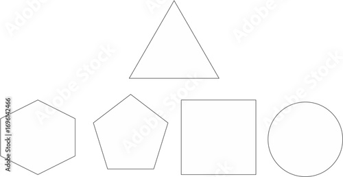 A simple illustration of five basic geometric shapes: triangle, hexagon, pentagon, square, and circle.