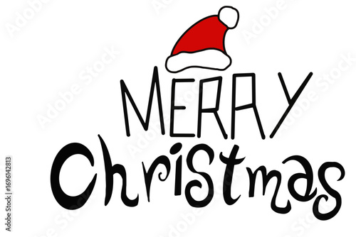 Vector illustration of Merry Christmas text with a red and white Santa hat in a modern festive design, holiday typography for seasonal decoration and greeting cards