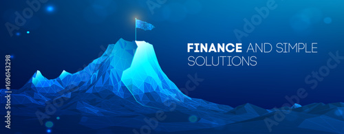 Goal flag on mountain peak with tech polygon design and abstract cyber background. Business roadmap path or career journey vector for leadership. Victory achievement or for motivation illustration.