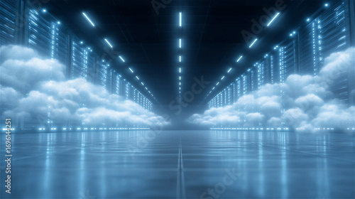 Futuristic cloud storage concept with glowing servers and reflections in modern blue environment, symbolizing technology, data, internet and digital future with copy space for commercial design.