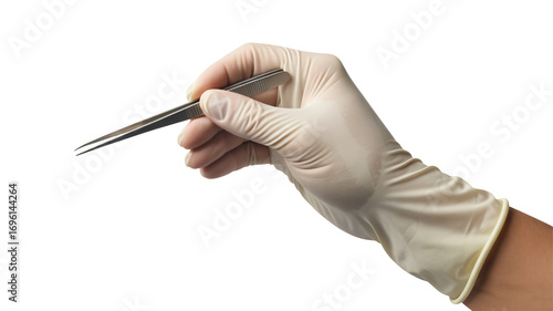 Gloved hand holding tweezers, precise medical procedure ready