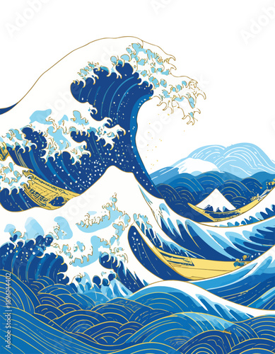 A vibrant illustration in the style of Hokusai's Great Wave, featuring a colossal blue ocean wave, small boats, and Mount Fuji.