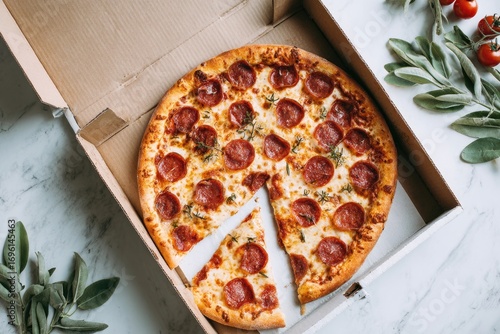 Pizza in a box on a marble surface (1)