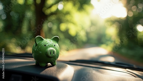 Piggy bank on car dashboard in forest road